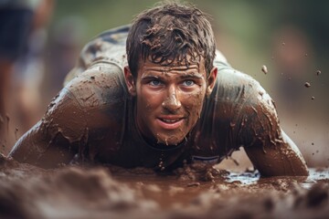 Athlete Covered In Mud During Mud Pit Event. Сoncept Extreme Sports, Mud Pit Run, Adrenaline Rush, Dirty Fun, Epic Mud Battle