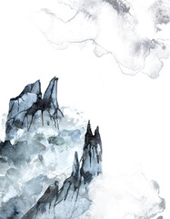 Watercolor hand painted blue mountains illustration isolated on a white background. Beautiful landscape.