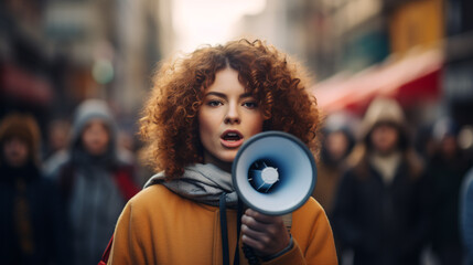 Female agitator vocalizing with loudspeaker during a stoppage with assemblage of protestors behind her. - obrazy, fototapety, plakaty