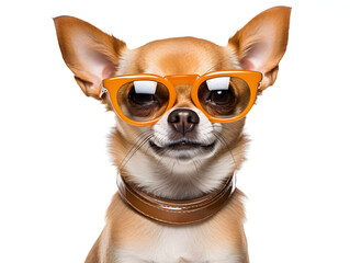 Small Breed Chihuahua Dog with Orange Sunglasses: Perfect for Pet Fashion Concepts or Representing Playfulness and Style in Animal Photography