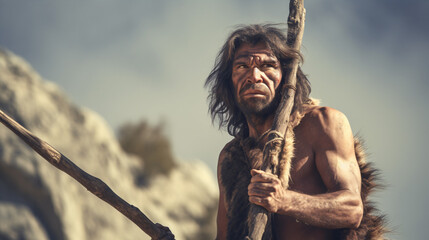 Paleolithic Homo Sapiens used spears to understand Evolution. - obrazy, fototapety, plakaty