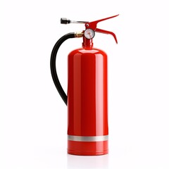 Obraz premium A single, scarlet fire extinguisher isolated against a pale backdrop, representing fire safety.