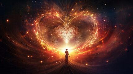 Woman looking at a glowing heart made of fire and light energy. Symbol of love and kindness in the sky. Sparkling abstract background. - obrazy, fototapety, plakaty