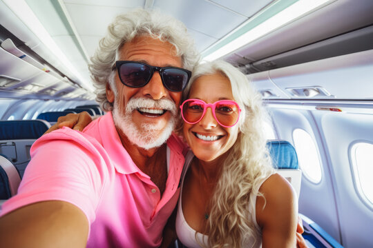 Happy older tourist couple taking a selfie inside an airplane. Positive elderly couple on a vacation taking a selfie in a plane before takeoff.