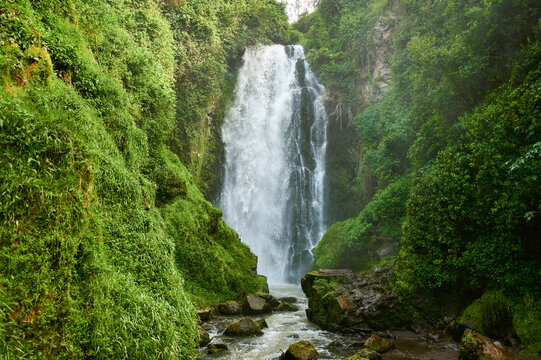 Landscape of Peguche waterfall in Otavalo, Ecuador