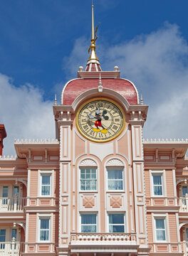 Mickey mouse clock tops the hotel at the Disneyland park entrance. Disneyland Paris - Marne-la-Vall&eacute;e, France. July 02 2012.