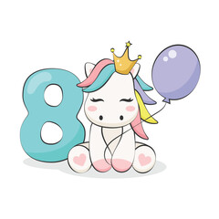 Pony with balloon and number eight isolated on white background. Vector illustration