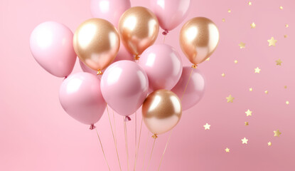 Pastel pink and gold balloons floating with star confetti.