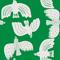 Seamless pattern botanical hand drawn ethno style ornament with birds. Abstract trendy monochrome print. Fashionable vector template for your design.
