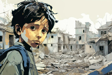 Sad child from building debris caused by natural disasters . Human suffering.