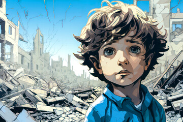 Sad child from building debris caused by natural disasters. Human suffering.