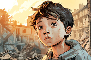 Sad child from building debris caused by natural disasters Human suffering.