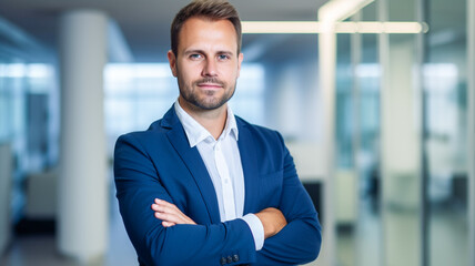 Fototapeta premium Portrait of successful mature businessman standing with hands crossed and looking at camera happy. 