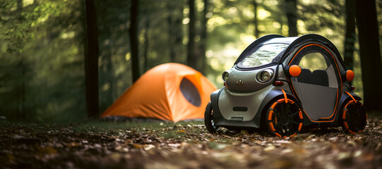 Mini car in the forest near the tent. Car of the future. Banner copy space - obrazy, fototapety, plakaty