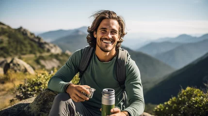 Poster Young and attractive man sitting on rock outdoors enjoying a hot beverage in a reusable cup in the middle of nature © Tamara