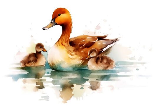 Watercolor children's illustration little ducklings with duck on white background