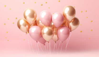 Pink and gold balloons floating with golden stars
