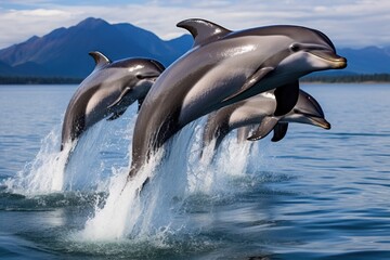 Fototapeta premium Energetic Pod Of Dolphins Joyfully Leaps Out Of Water