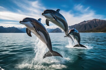 Energetic Pod Of Dolphins Joyfully Leaps Out Of Water - obrazy, fototapety, plakaty