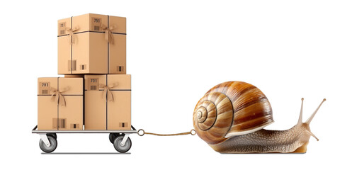 Snail mail- Schneckenpost - metaphor. Slow parcel delivery, delayed shipping of parcels, delayed logistics problem and shipping delay because of a snail that is too slow. - obrazy, fototapety, plakaty