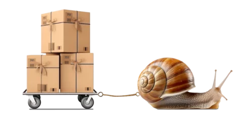 Fotobehang Snail mail- Schneckenpost - metaphor. Slow parcel delivery, delayed shipping of parcels, delayed logistics problem and shipping delay because of a snail that is too slow. © EKH-Pictures