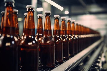 Glass Brown Bottles Of Beer On Conveyor Belt