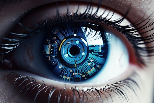 Futuristic Robot Eye With Blue Digital Iris. Сoncept Sci-Fi Gadgets, Advanced Technology, Virtual Reality Gaming, Augmented Reality Glasses