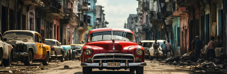 Fototapeta na wymiar Caribbean Time Capsule: An Old Car on Haitian or Cuban Street Poster, Capturing the Timeless Rhythm of Vintage Veins Amidst Tropical Tales, Crafted by Generative AI