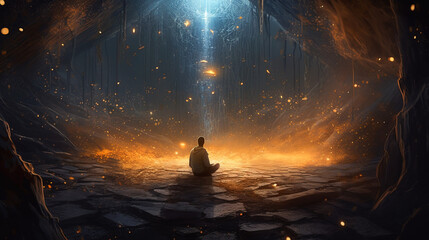 Man meditating in a magical cavern filled with golden light and sparkles. Mystical experience, spiritual practice, awakening. - obrazy, fototapety, plakaty