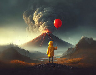 A little boy in a yellow T-shirt holds a balloon next to a volcano. - obrazy, fototapety, plakaty
