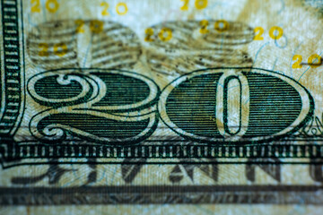 Twenty dollars close up. Twenty dollar bill, eye Jackson background. Details of cash American twenty dollars. Old American dollars, details of old American cash dollars - obrazy, fototapety, plakaty