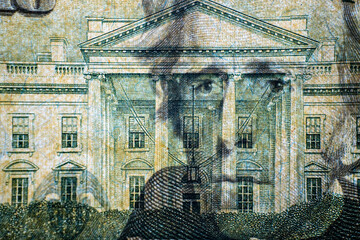 Twenty dollars close up. Twenty dollar bill, eye Jackson background. Details of cash American twenty dollars. Old American dollars, details of old American cash dollars