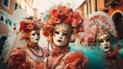 Venice Carnival characters in a colorful brown and gold Carnival costumes and masks Venice Italy