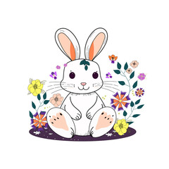 Vector illustration of a rabbit with flowers on a transparent background. Hand-drawn design for decor, postcards, children