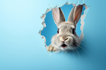 Fluffy eared bunny peeking out of a hole in blue wall. Rabbit jump out from hole. Generative AI