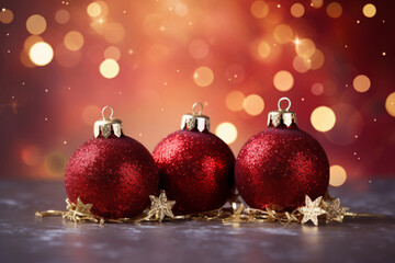 Red christmas balls with brown ornaments and bows on glitter bokeh backdrop. Christmas holiday and festive decoration concept. Generative AI