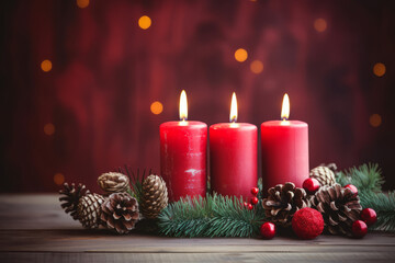 Obraz na płótnie Canvas Red advent candles with natural Christmas decoration, branches and pine cones on rustic wooden surface. Generative AI