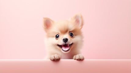 Fototapeta na wymiar a small dog is peeking over a pink surface and smiling. generative ai