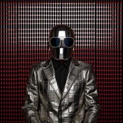 Surreal Chic: Portrait of a Man in a Reflective Metal Mask and Silver Suit, Generative AI
