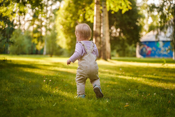 Cute blonde baby toddler in the park at sunset . The concept of a happy childhood