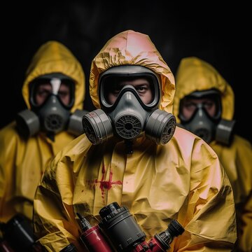 Surviving the Unthinkable: Apocalyptic Concept of People in Biohazard Suits and Gas Masks, Generative AI