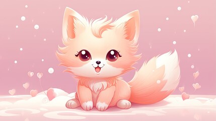  a cute little fox sitting in the snow with hearts around it.  generative ai