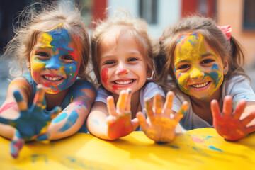 GIRLS WITH PAINTED FACES AND HANDS, SMILING.