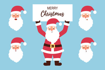 Christmas Santa Claus character, different head emotions. Cartoon vector illustration