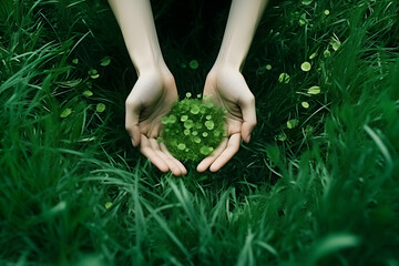 Hands holding a handful of earth and some green plants and leafs nature