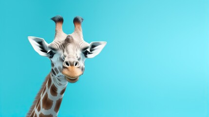  a close up of a giraffe's face with a blue background.  generative ai
