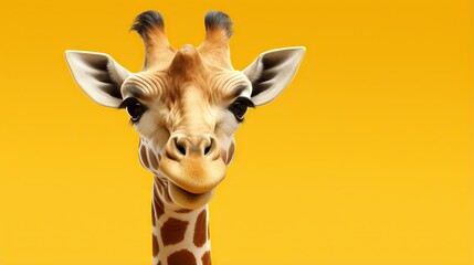  a close up of a giraffe's head against a yellow background.  generative ai