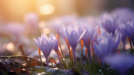 An ethereal shot of morning dew settling on the fragile petals of a crocus.