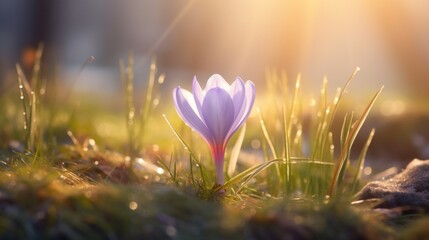 An ethereal shot of morning dew settling on the fragile petals of a crocus. - obrazy, fototapety, plakaty