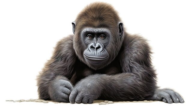  a drawing of a gorilla sitting on a white background with his hands on his knees.  generative ai